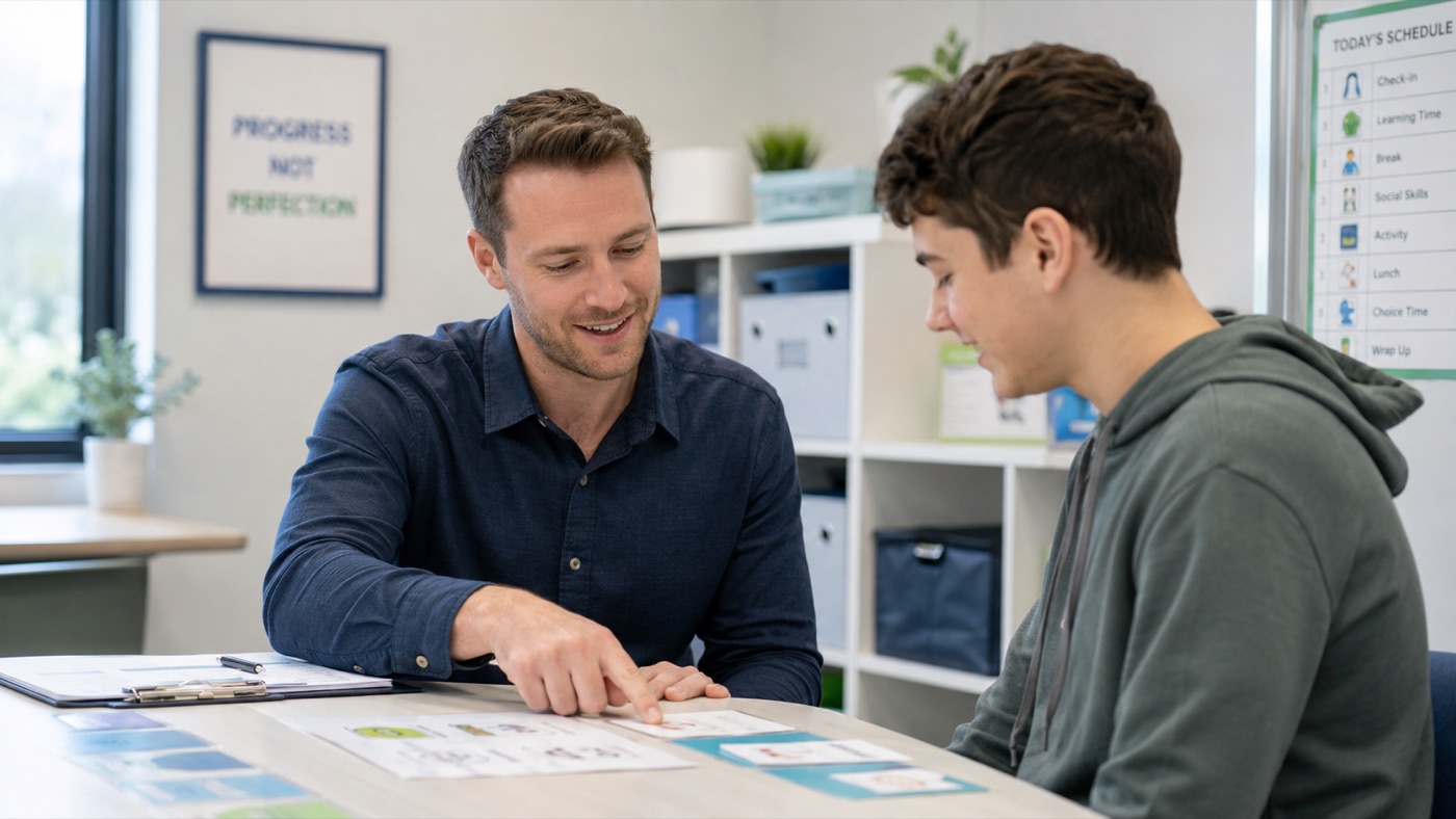 A behavior analyst and a teenage client sitting at a table, working through a visual schedule together.